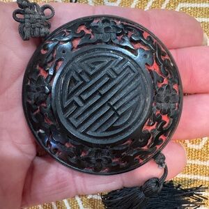 Chinese carved cinnabar Black Red Pendant with Tassel: vintage